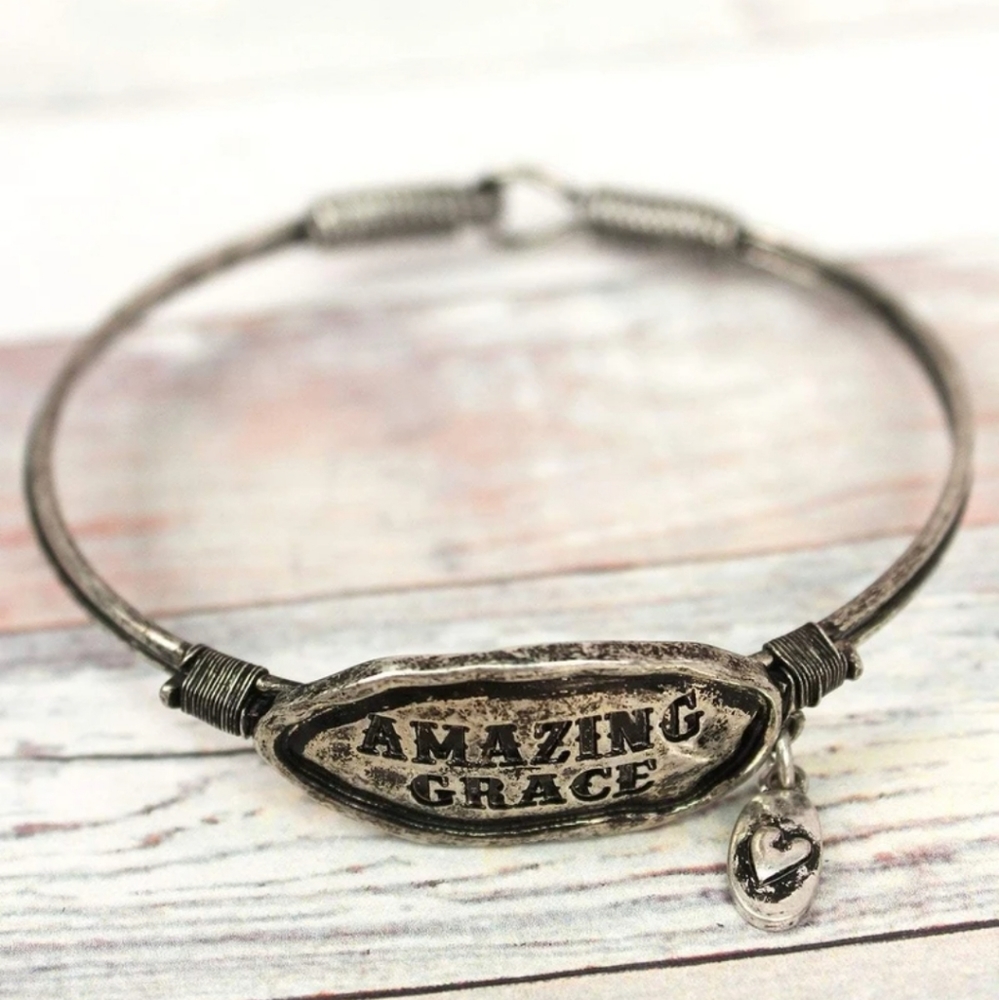 Burnished Silvertone Amazing Grace Wire Bangle - Picture 1 of 4